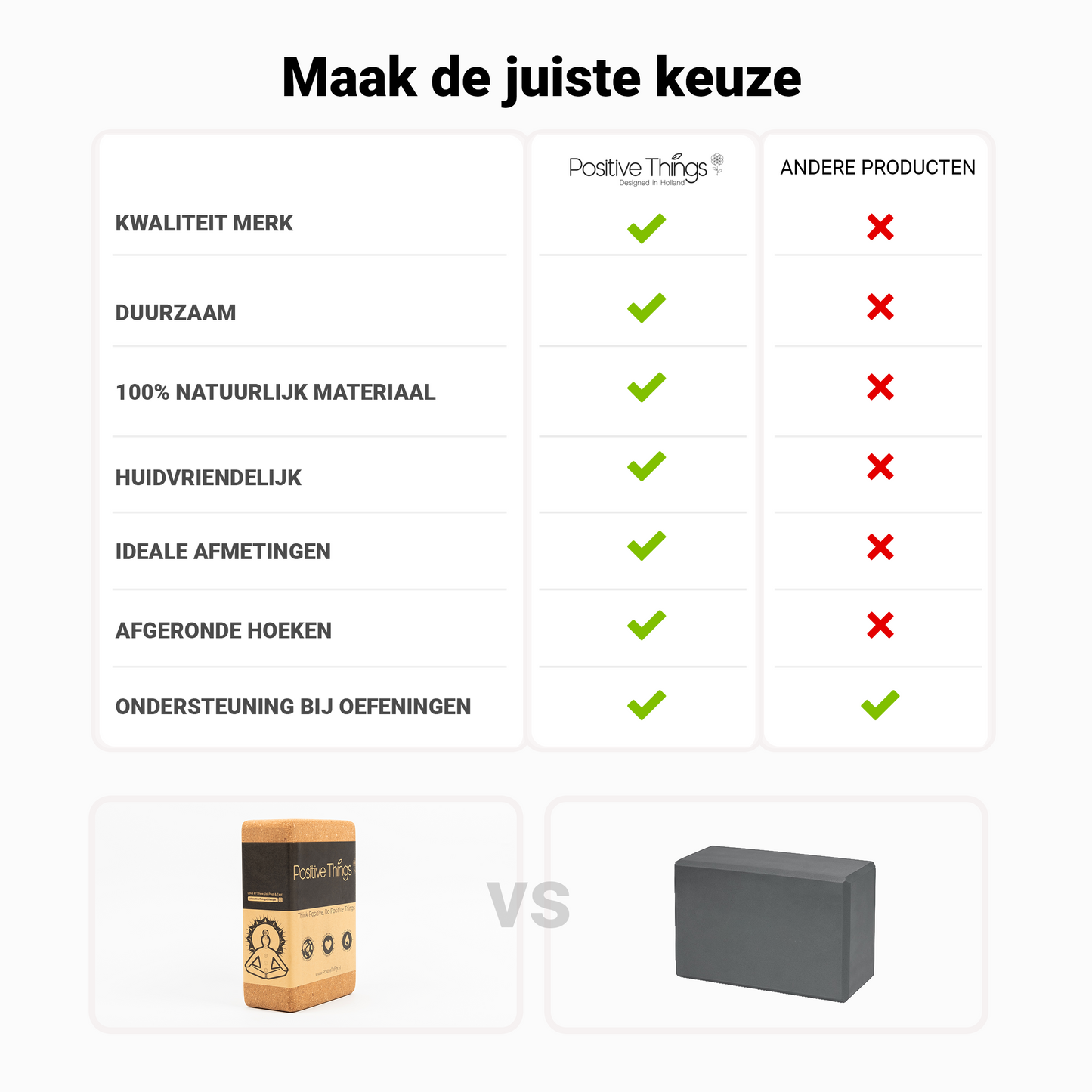 De afbeelding vergelijkt ons yogablok met dat van andere aanbieders. Het is duidelijk te zien dat ons yogablok meer kwaliteit heeft en duurzamer is. Daarnaast is het ook nog eens heel huidvriendelijk.